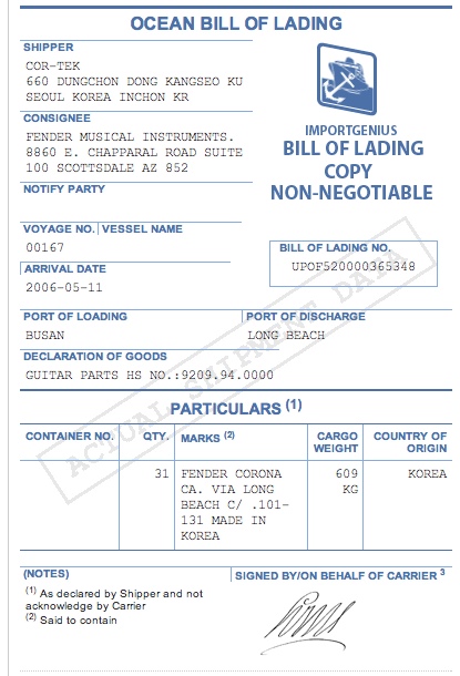 Egy Cor-Tek szállítólevél a Fendernek